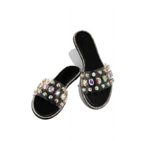 Liliana Honnay-2 Black Clear Rhinestone Gem Slip On Slide Mule Flat Sandals (Black, 10)