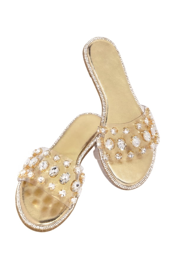 Honnay-2 Gold Clear Rhinestone Gem Slip On Slide Mule Flat Sandals (Yellow, 10)