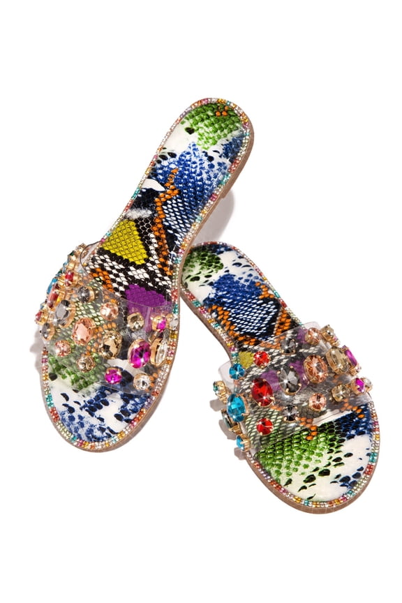 Honnay-2 Multi Snake Clear Rhinestone Gem Slip On Slide Mule Flat Sandal (Neon Yellow Patent, 8.5)