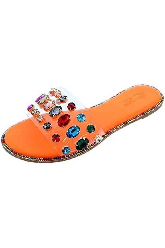 Honnay-2 Orange Clear Rhinestone Gem Slip On Slide Mule Flat Sandals (HOLO, 8.5)