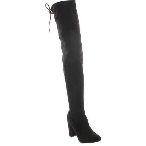 Liliana Kenzy-6 Women's Drawstring Tie Chunky Heel Over Knee High Stretchy Boots, Black, 6