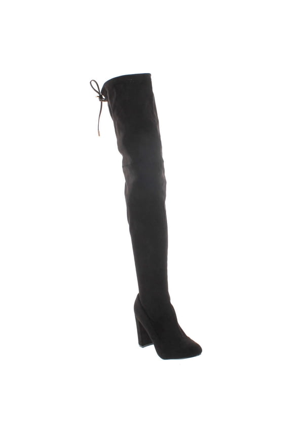Kenzy-6 Women's Drawstring Tie Chunky Heel Over Knee High Stretchy Boots, Black, 8.5