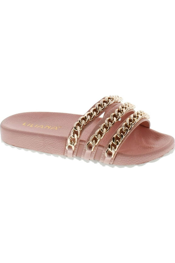 Nomi-2 Women Flip Flop Gold Chain Link Slide Slip On Flat Sandal Shoe Slipper Pink