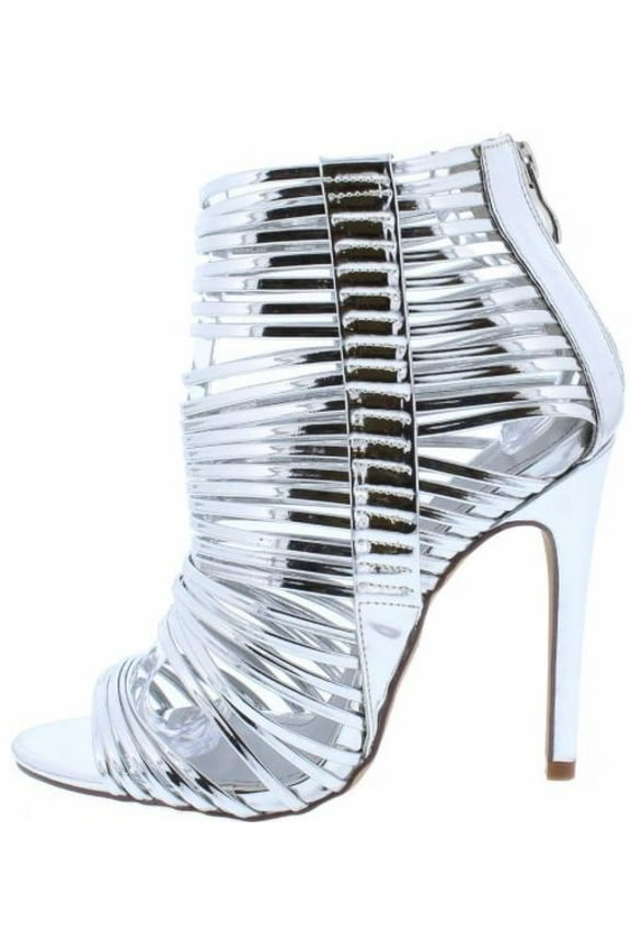 Silver Metallic Caged Open Toe Strap Heel