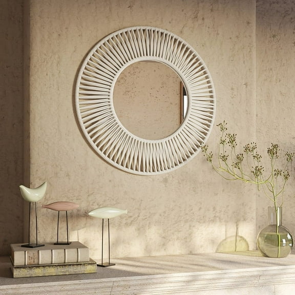 Liliana White Bamboo Round Boho Wide Frame Wall Mirror