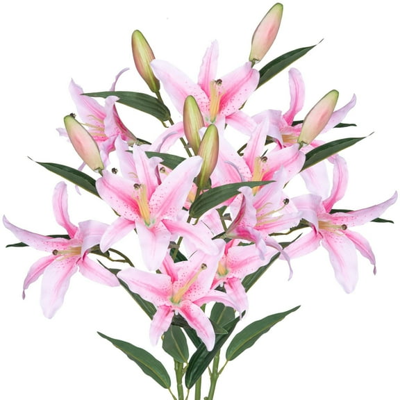 Lilies Artificial Flowers Bouquet 30” Long Stems, 3pcs Bundle (Pink)