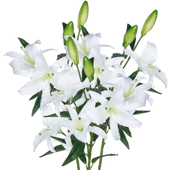 Lilies Artificial Flowers Bouquet 30” Long Stems, 3pcs Bundle (White)