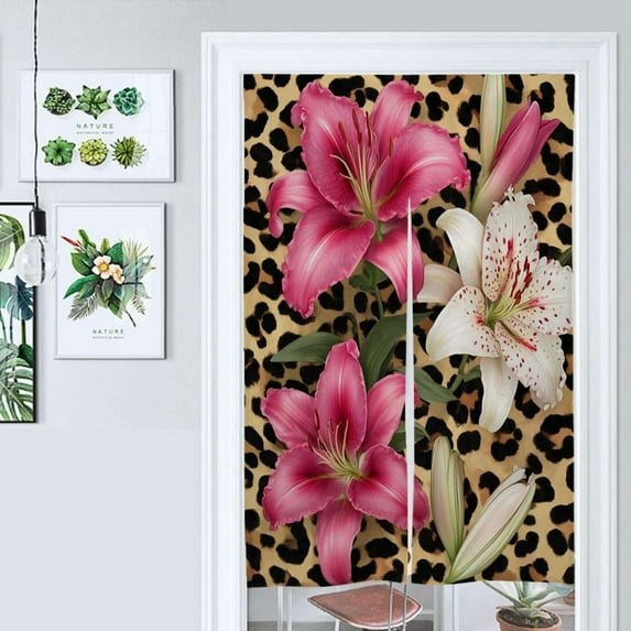 Lilies Bloom Leopard Print Background Door Curtain Nordic Living Room DoorCurtain Porch Partition Curtain Kitchen Rative Half Curtain
