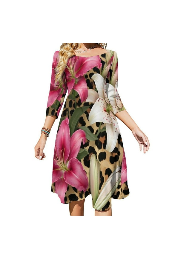 Lilies Bloom Leopard Print Background Women's Fall Dresses Casual Loose Flowy Swing Shift Dress