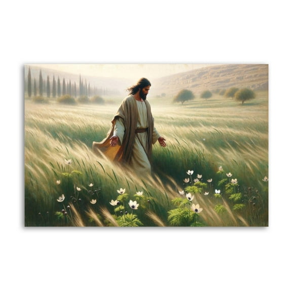 Lilies of The Field Jesus Christ Walking through A Field of Wild Lilies Home Decor Poster Wall Art Hanging Picture Print Bedroom Decorative Painting Posters Room Aesthetic 12x18inch(30x45cm)