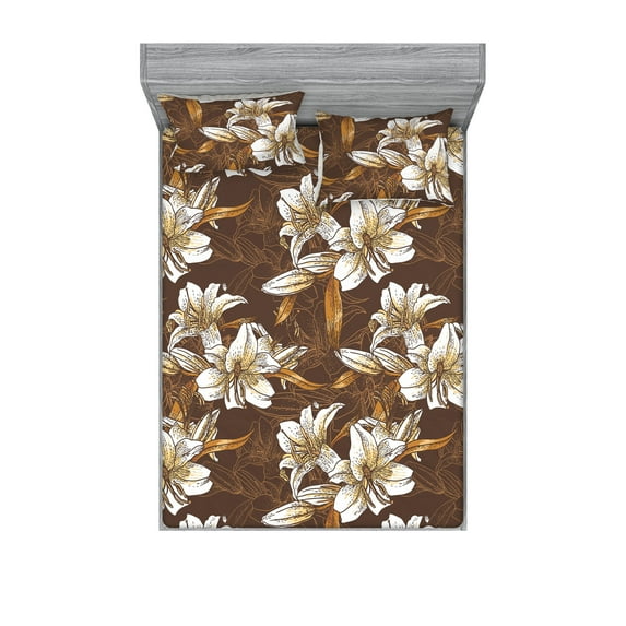 Lilies Fitted Sheet & Pillow Sham Set, Neutral Colors Boho Sketch Pattern of Flowers Vintage Cottagecore Artwork, Decorative Printed 3 Piece Bedding Decor, Full, Maroon Eggshell Amber, by Ambesonne