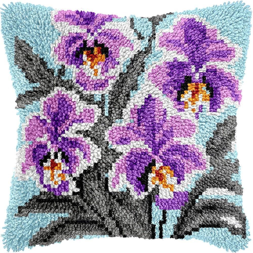 Lilies Flowers Latch Hook Pillow Kits for DIY Throw Pillow Cushion Embroidery Latch Hooking Pillowcase Kits with Preprinted Canvas Crochet Yarn Kits for Home Decor 17''X 17''(d97)