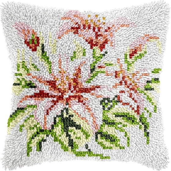 Lilies Latch Hook Pillow Kits for DIY Throw Pillow Cushion Embroidery Latch Hooking Pillowcase Kits with Preprinted Canvas Crochet Yarn Kits for Home Decor 17''X 17''(d280)