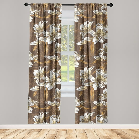 Lilies Window Curtains, Neutral Colors Boho Sketch Pattern of Flowers Vintage Cottagecore Artwork, Lightweight Decor 2-Panel Set with Rod Pocket, Pair of - 28"x84", Maroon Eggshell Amber, by Ambesonne