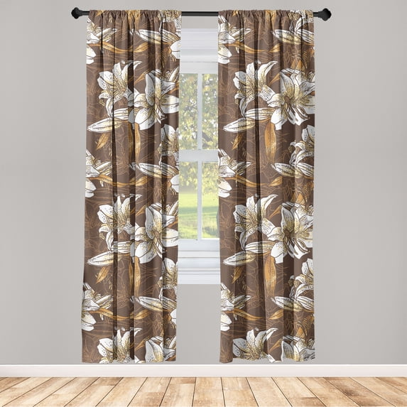 Lilies Window Curtains, Neutral Colors Boho Sketch Pattern of Flowers Vintage Cottagecore Artwork, Lightweight Decor 2-Panel Set with Rod Pocket, Pair of - 28"x95", Maroon Eggshell Amber, by Ambesonne