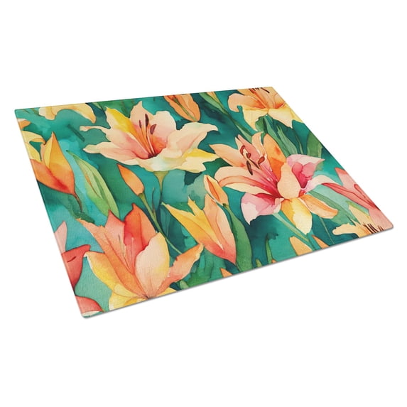 Lilies in Watercolor Glass Cutting Board Large 12 in x 15 in