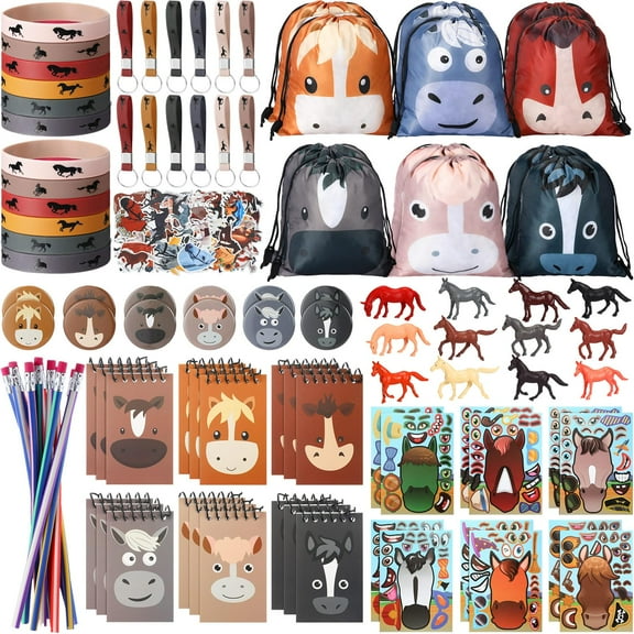 Liliful 114 Pcs Horse Themed Party Favor Supplies with Drawstring Bag Keychain Rubber Wristbands Badges Puzzle Stickers Notepads Soft Pencils Simulated for Horses Party Decoration Y101