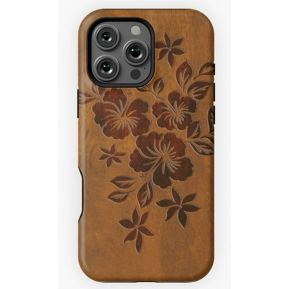 Lilikoi Hibiscus Faux Koa Wood Surfboard Phone Case Compatible with iPhone 11 to 16 Pro Max