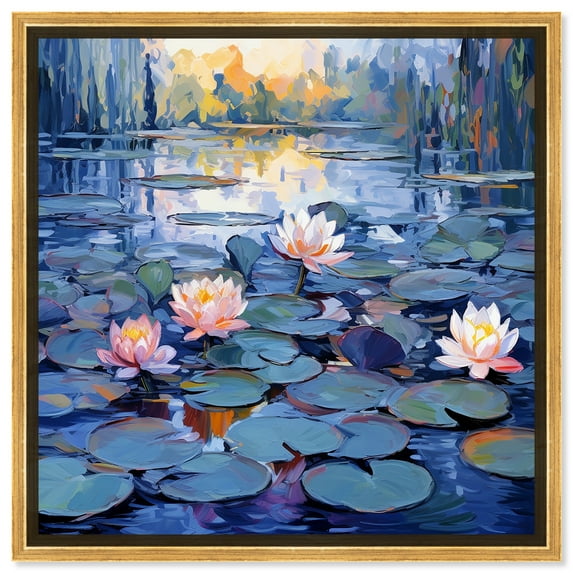 Lilipads Blues Blue Monet Art Prints Canvas Wall Art by Art Remedy, Gold Floater Frame, 20"x20"