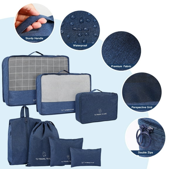 PartyKindom Navy Luggage Packing Organizers Travel Storage Bags for Suitcases 7Pcs