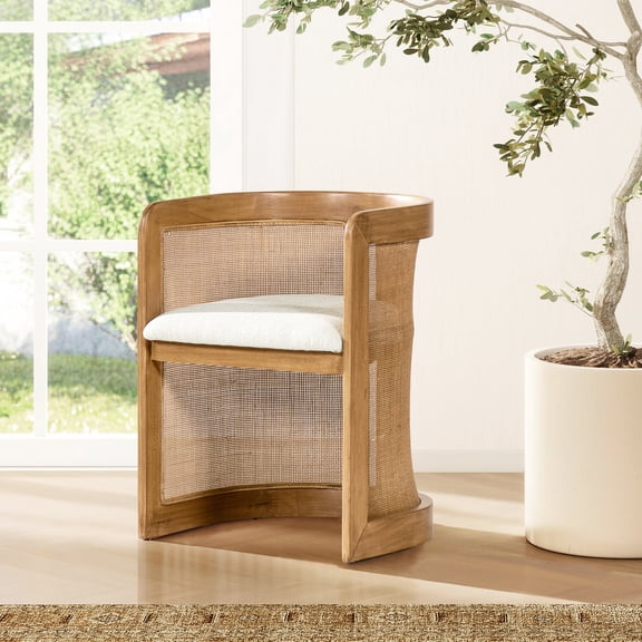 Lilith 20.5" Curved Rattan Upholstered Dining Chair, White Pepper Stain Resistant High Performance Polyester