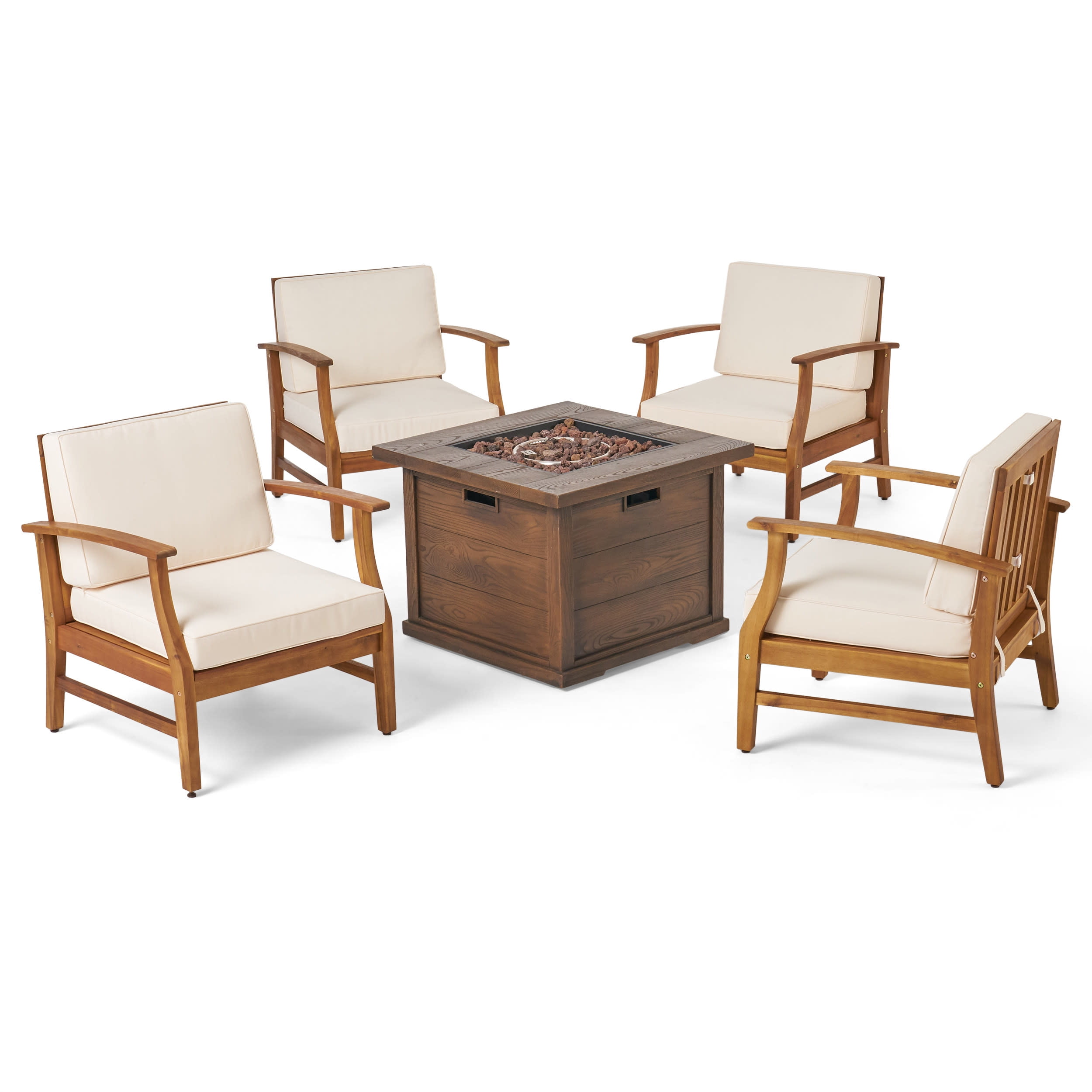 Lilith Outdoor 4 Seater Acacia Wood Club Chair and Fire Pit Set Teak and Cream