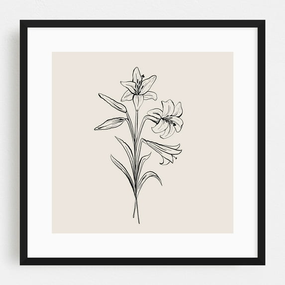 Lilium Floral Bouquet - Illustration Line Art Floral Botanical Black and White Minimalist Flowers Nature Black Framed Wall Art Print 20 x 20 inches