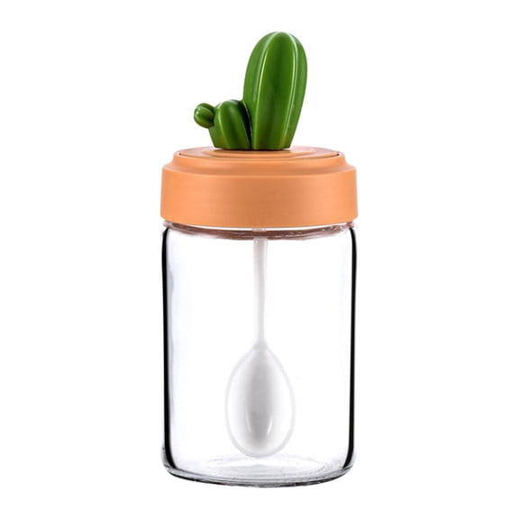 Lilixerw 1 PCS Cactus Clear Glass Condiment Jar Pots,Condiment Jar Spice Container with Lids and Spoons,Glass Seasoning Box Spice Jars Salt Container Sugar Bowl for Kitchen