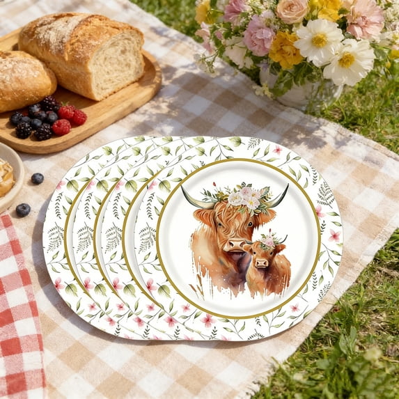 Lilixerw 10 PCS Highland Cow Paper Plates Watercolor Highland Cow Flower Theme Disposable Plate Farmhouse Dinner Dessert Plate for Spring Summer Party Table Decor,7 inch