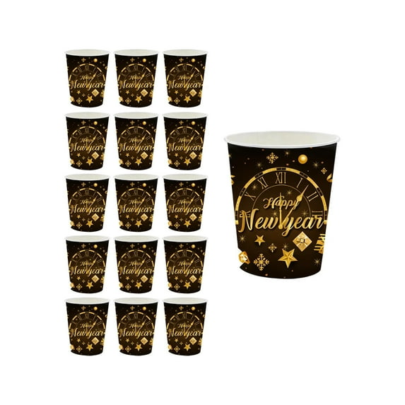 Lilixerw 16 PCS Black Gold Happy New Year Disposable Tableware Set,7-9 Inch Paper Plates,Cups,Napkins,NewYear's Eve Party Dinnerware for Celebration