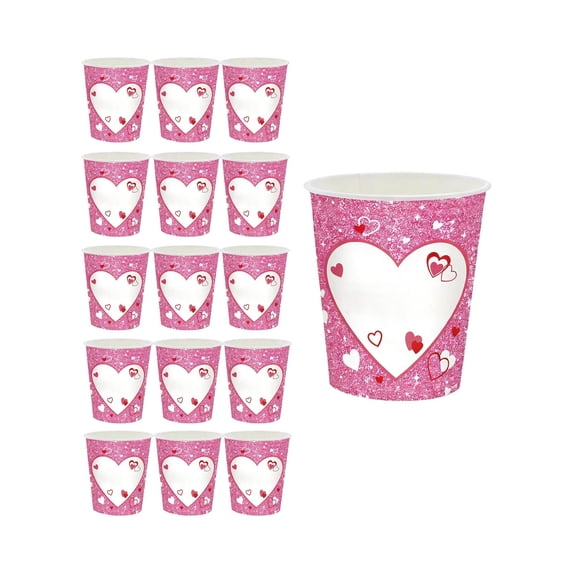 Lilixerw 16 PCS Valentine's Day Disposable Cup Tableware Set,Glitter Heart Design Disposable Paper Cup,Pink Romantic Tableware for Drinks,3.23x2.91 in