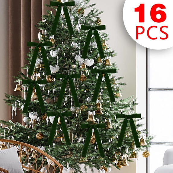 Lilixerw 16 Pieces Green Velvet Christmas Tree Bows, 5.1x7.1 Inch Wide Ribbon Bow Ties with Long Tails, for Christmas Tree Garland Holiday Decoration