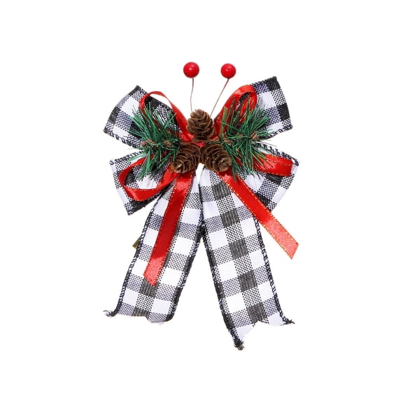 Lilixerw 2 PCS Christmas Tree Topper Bow with Checkered Design & Pine Cones,Farmhouse Xmas Tree Top Decoration,6.4x5.1 Inch,Black