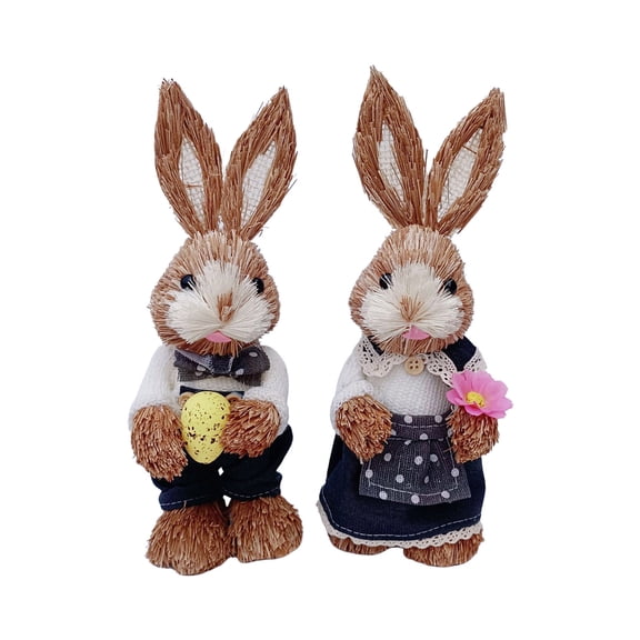 Lilixerw 2 PCS Handmade Straw Bunny Figurines,Easter Standing Bunny Couple,Farmhouse Tabletop Statue for Spring,Indoor Outdoor Wall Door Tree,Easter Gift,9 x 4 Inch,Black