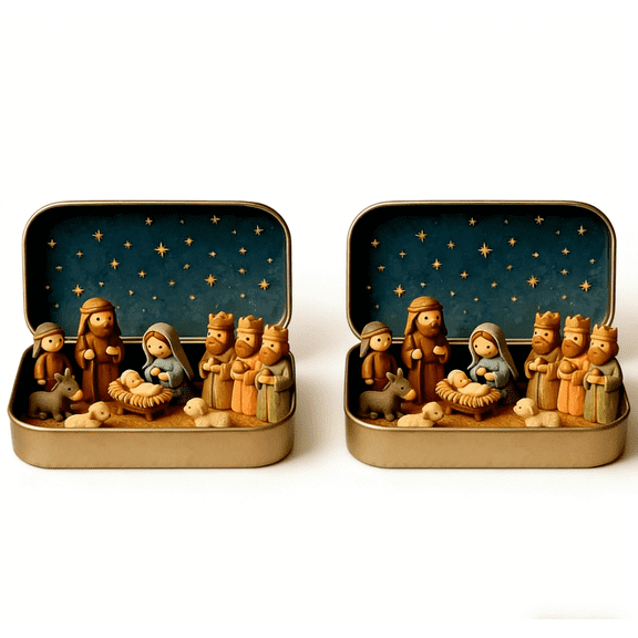Lilixerw 2 PCS Mini Christmas Nativity Set in Tin Box,Portable Pocket Christian Family Scene,Hand-Painted Resin Figurines,Religious Christmas Decor Gift for Home Travel,3.5x2.5x1 Inch