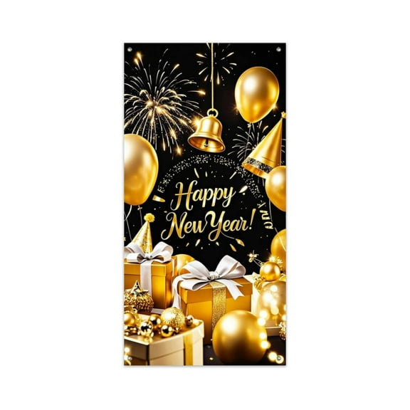 Lilixerw 2026 New Year Scene Door Banner,Happy New Year Print Front Door Cover for Wall and Party Backdrop,Reusable Polyester Fabric Door Hanging Decor,70.8x35.4 Inch