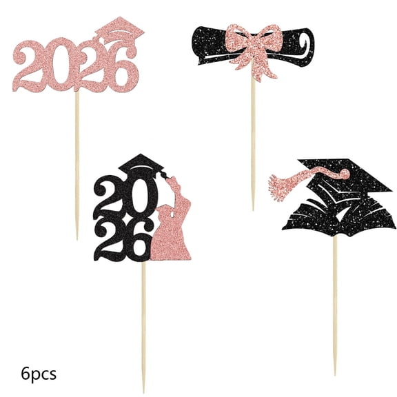 Lilixerw 24 Pack Graduation Season Glitter Paper Cake Flags, 3.9x3.1x0.3 Inch Graduation Party Toppers with Toothpicks, for Graduation Cupcake Dessert Decoration, Pink