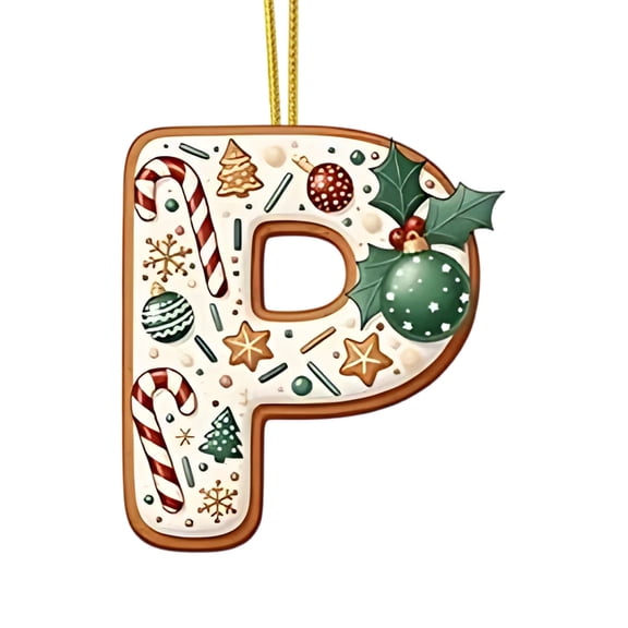 Lilixerw 26 Letters Christmas Ornaments,with Xmas Ball Candy Pattern,2D Acrylic Hanging Pendant Decor for Tree,DIY Personalized Name Decoration,Festive Home Wall Fireplace Decor,3.1 inch,P