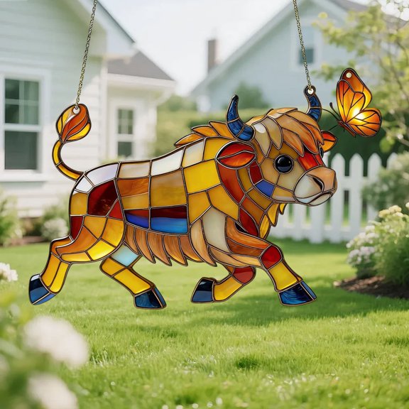 Lilixerw 2D Flat Acrylic Highland Cow Sun Catcher,Stained Glass Style Cow Window Hanging Decor,Colorful Reflective Ornament for Window,Garden,Kitchen,Gift for Cow Lovers,5.9 Inch