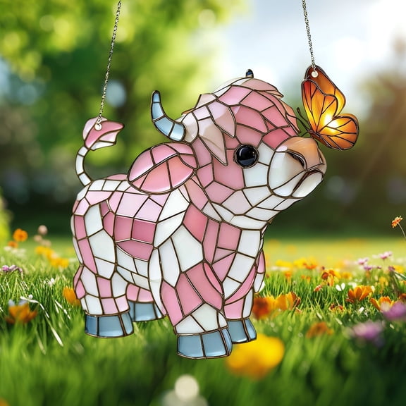 Lilixerw 2D Flat Colorful Highland Cow Window Hanger,Stained Glass Style Acrylic Cow Sun Catcher,Sunlight Reflective Decor,Gifts for Cattle Lovers,5.9 Inch,Pink