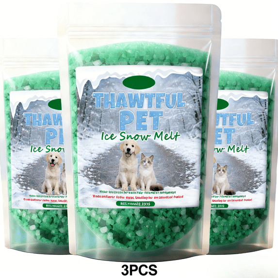 Lilixerw 3 PCS Pet Safe Ice Melt,Fast Acting Snow Melting Agent for Driveways,Walkways & Steps,Non-Corrosive & Gentle on Concrete,Metal & Wood,No Residue,Green
