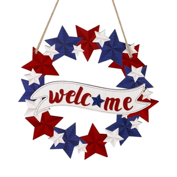 Lilixerw 4th of July Decorations Welcome Wreath for Front Door,Wooden Red White and Blue Star Sign,Patriotic Memorial Day Porch Home Wall Outside Decor
