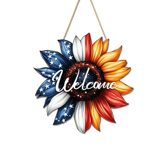 Lilixerw 4th of July Sunflower Welcome Sign Wooden Door Signs,Patriotic Star American Flag Hanging Decor for Independence Day Party Memorial Day Outdoor Home Front Door Holiday Decor