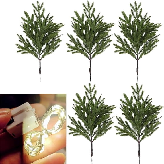 Lilixerw 5 PCS Pre-Lit Artificial Christmas Greenery Ornament,15.4 Inch Lighted Xmas Pine Branches with LED String Lights,Indoor Outdoor Holiday Party Decor