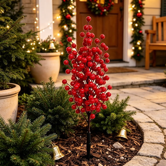 Lilixerw Artificial Red Berry Pick 19.69 Inch Festive Floral Stem With Ground Spike Decoration For Vase Wreath Garden Yard