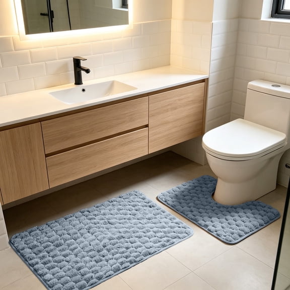 Lilixerw Bathroom Rug Set 2 Piece, Light Blue Absorbent Bath Mat 20x31 Inch and U Shaped Toilet Rug 20x16 Inch, Non Slip Floor Mats for Bathroom Home Decoration