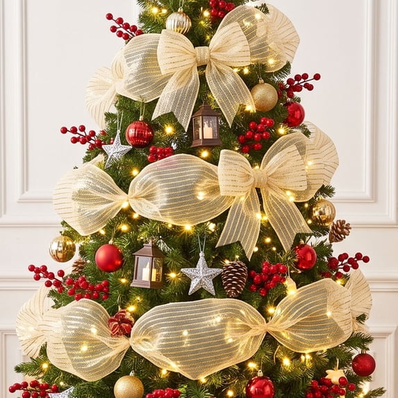 Lilixerw Beige Christmas Deco Mesh Ribbon Roll, 10 Inch Wide 9 Yard Mesh with Gold Metallic Threads for Wreath Swag Bow Tree Holiday Decorations