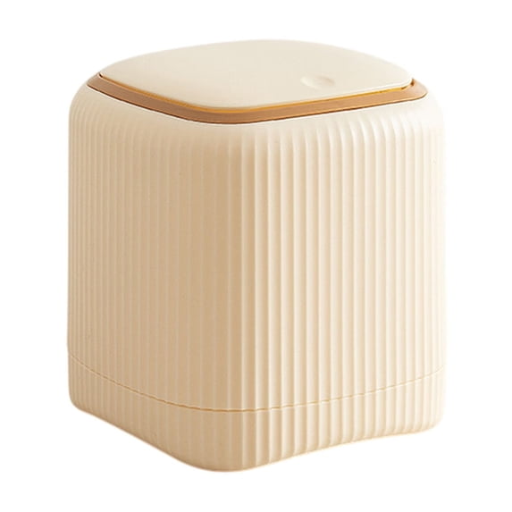 Lilixerw Beige Ribbed Desktop Trash Can, Press Top Small Waste Bin for Bedroom Bedside Decoration, Mini Trash Bin for Office Desk Table Use, 5.3x5.3x5.7 inch
