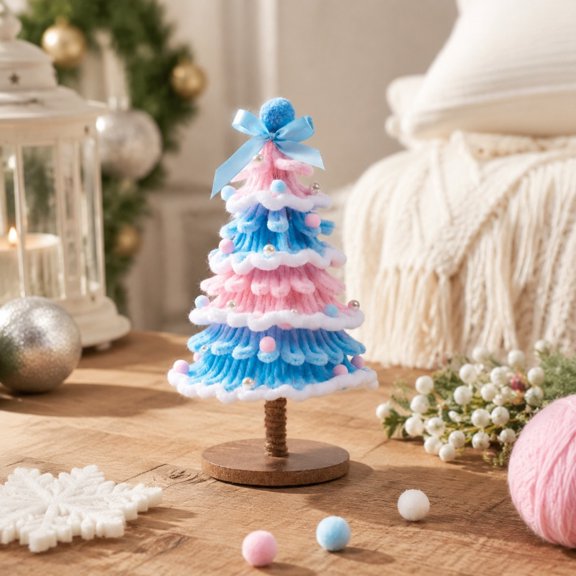 Lilixerw Bendable Stems DIY Mini Christmas Tree Kit, 11.81 Inch Blue Pink Tabletop Xmas Tree with Pom Poms for Home Tabletop Holiday Decorations