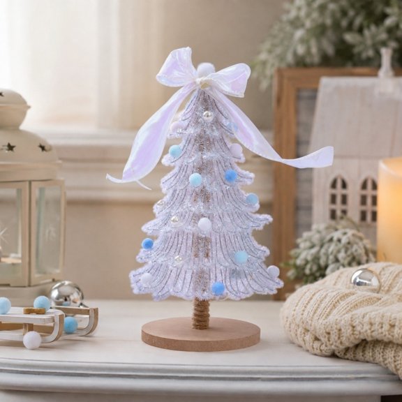 Lilixerw Bendable Stems DIY Mini Christmas Tree Kit, 11.81 Inch White Iridescent Tabletop Xmas Tree with Blue Pom Poms for Home Tabletop Holiday Decorations